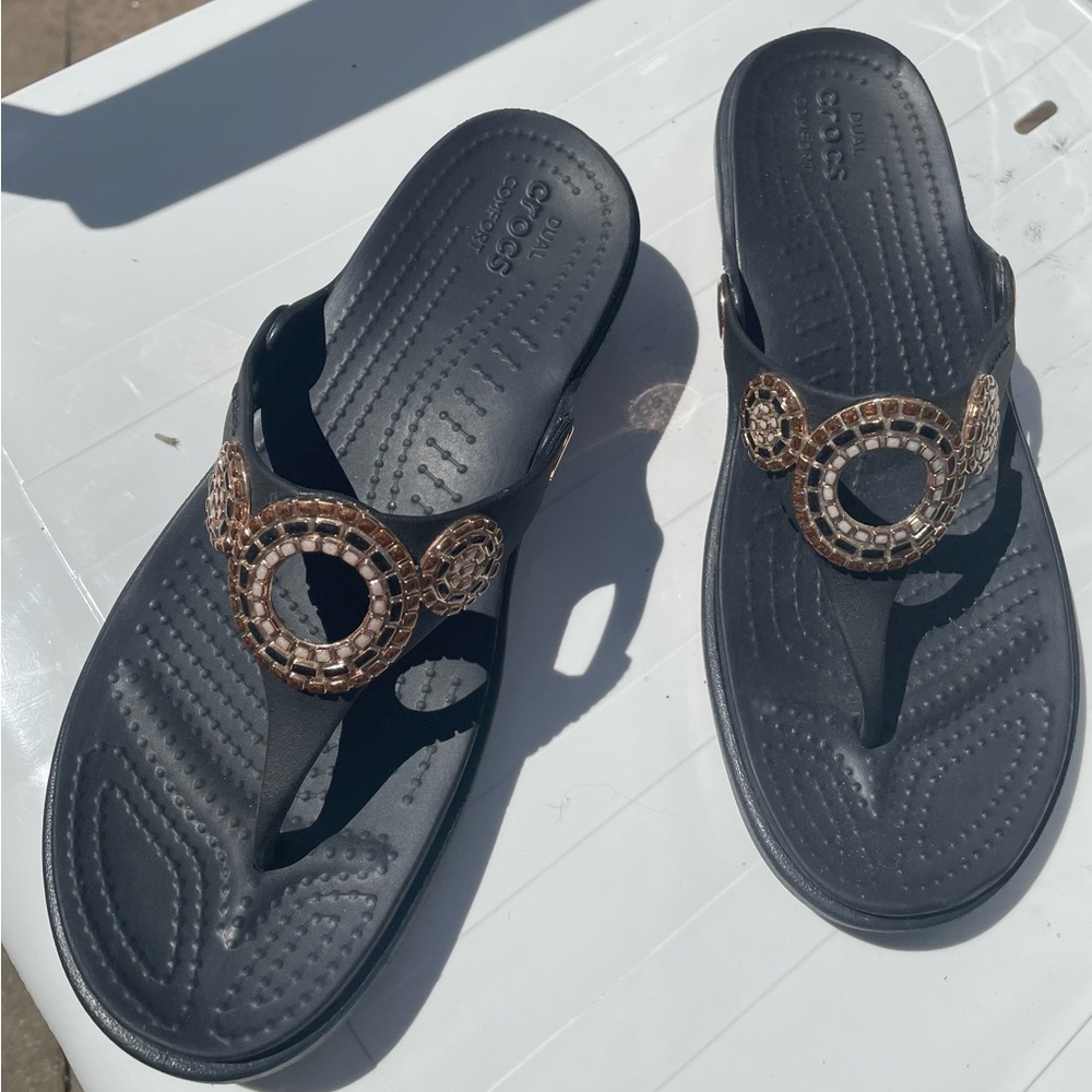 CROCS Black Sandals with Gold Details